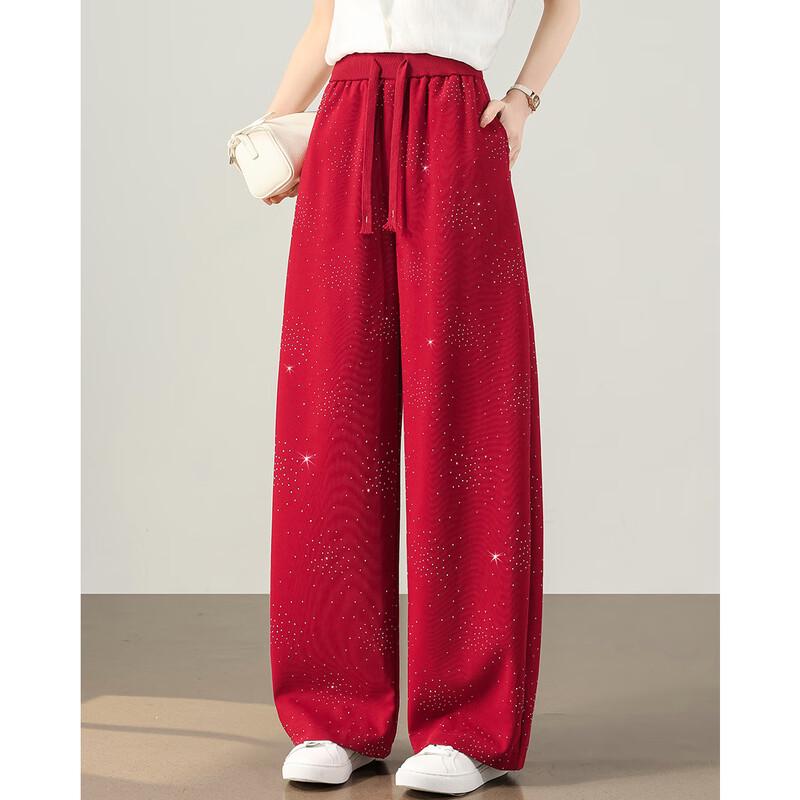 TERRE BLEUE Women's Rhinestone Design Casual Wide-Leg Pants
