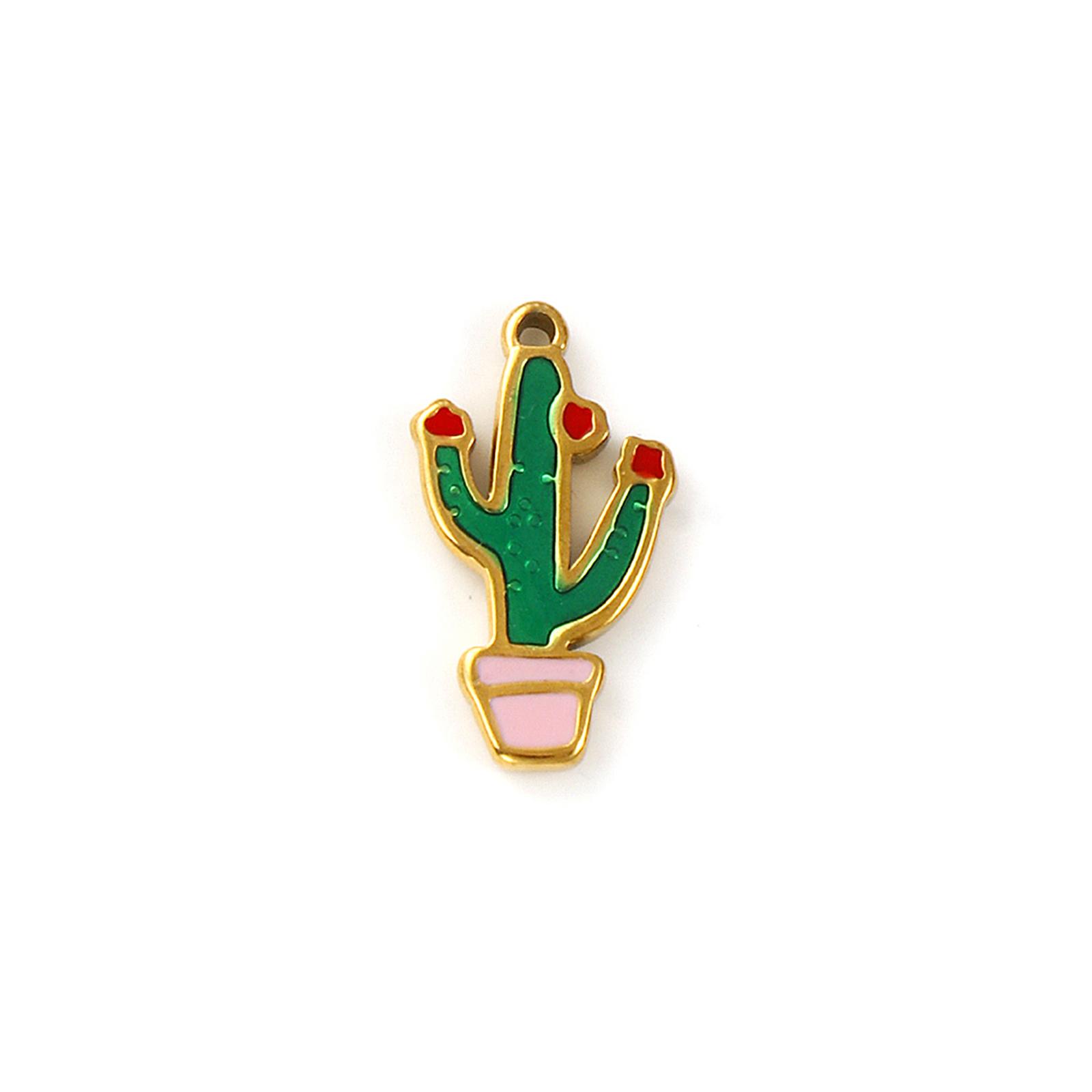 

2 Pcs 304 Stainless Steel Charms 18K Gold Plated Enamel Cactus Flower Leaf Pendants For DIY Necklace Keychains Jewelry Making