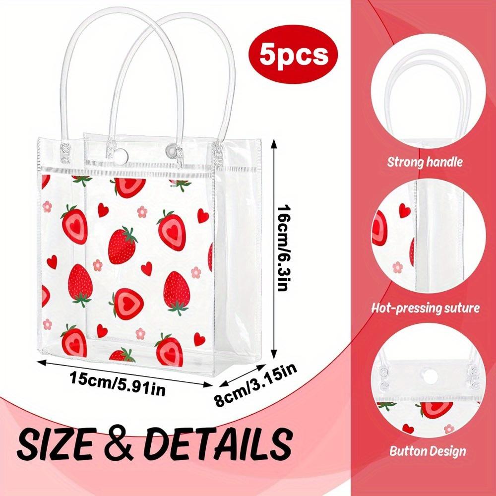 5pcs Strawberry Clear Gift Bags Cute Fruit Party Favor Bags with Handles Shopping Bag Red Heart Strawberry Bags Treat Tote Bags Gift Wrap Bags Handbag