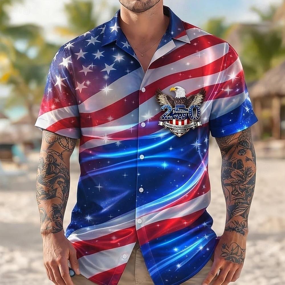 Men's 4th of July U.S. 250th Anniversary Cross US Flag Shirt Cuban Collar Shirt Button Up Shirt Short Sleeve