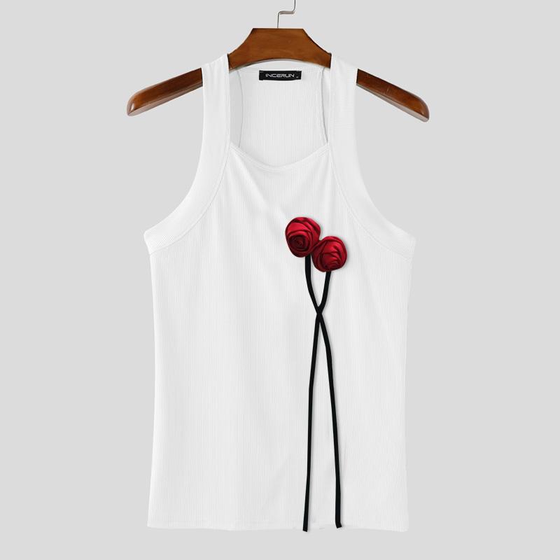 

INCERUN Summer Men Square Neck Sleeveless 3D Flowers Slim Fit Tank Tops 3XL белый