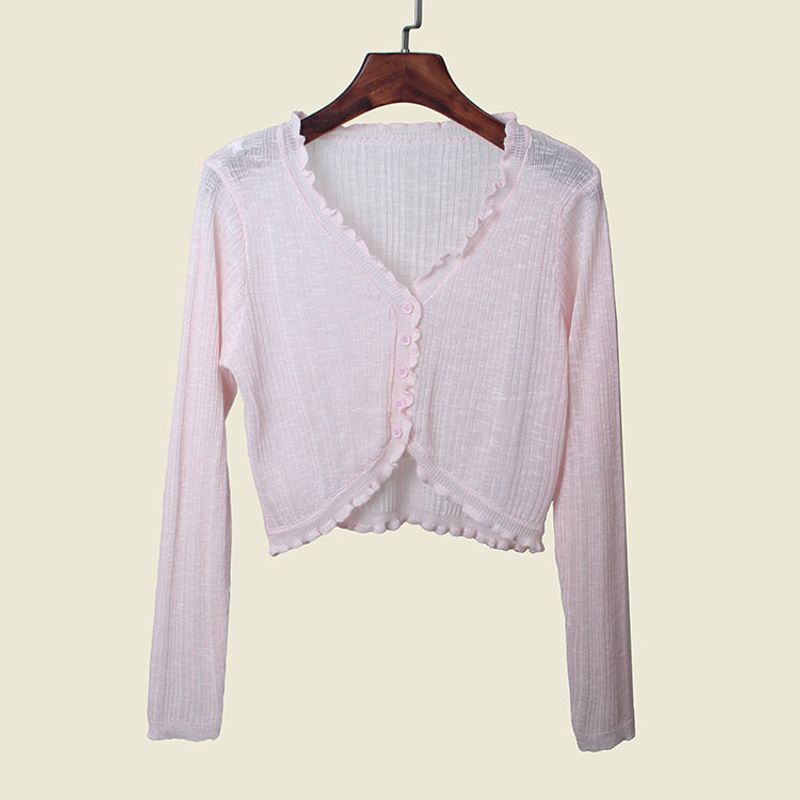 

Summer Thin Long sleeve Sun Protection Shirt Wooden Ear Sexy Short Navel Viscose Linen Sneaky Design Transparent Feeling Knit cardigan Pink All yards
