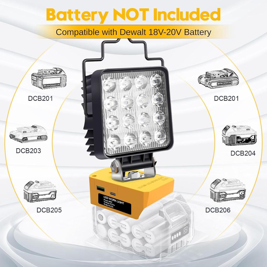 LED-Arbeitsleuchte für Dewalt- und Milwaukee-Akku, 48 W, tragbares Flutlicht, Taschenlampe, USB- und Typ-C-Ladelampe, Werkzeuge für die Baustelle
