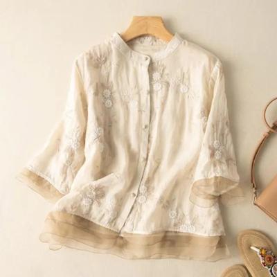Button Front Floral Textured Blouse Vintage Three-quarter Sleeve Blouse for Spring & Fall Women's Clothing