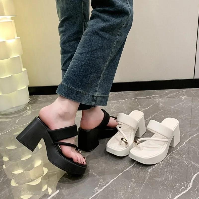 High Heels Women Slipper 2024 Summer Square Toe Woman Platform Sandales Women's Pumps Party Shoes Casual Black Sandalias Luxury