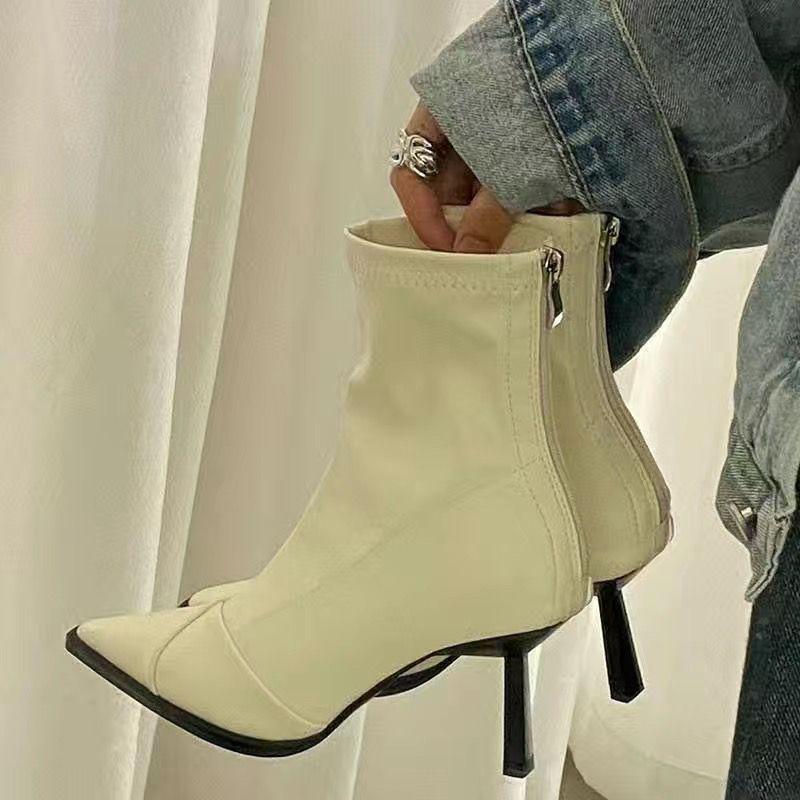 

Pointed Toe European & American White High Heel Ankle Boots - 2025 Nude, New Autumn/Winter Slimming Fashion, Temperament Off-White 39
