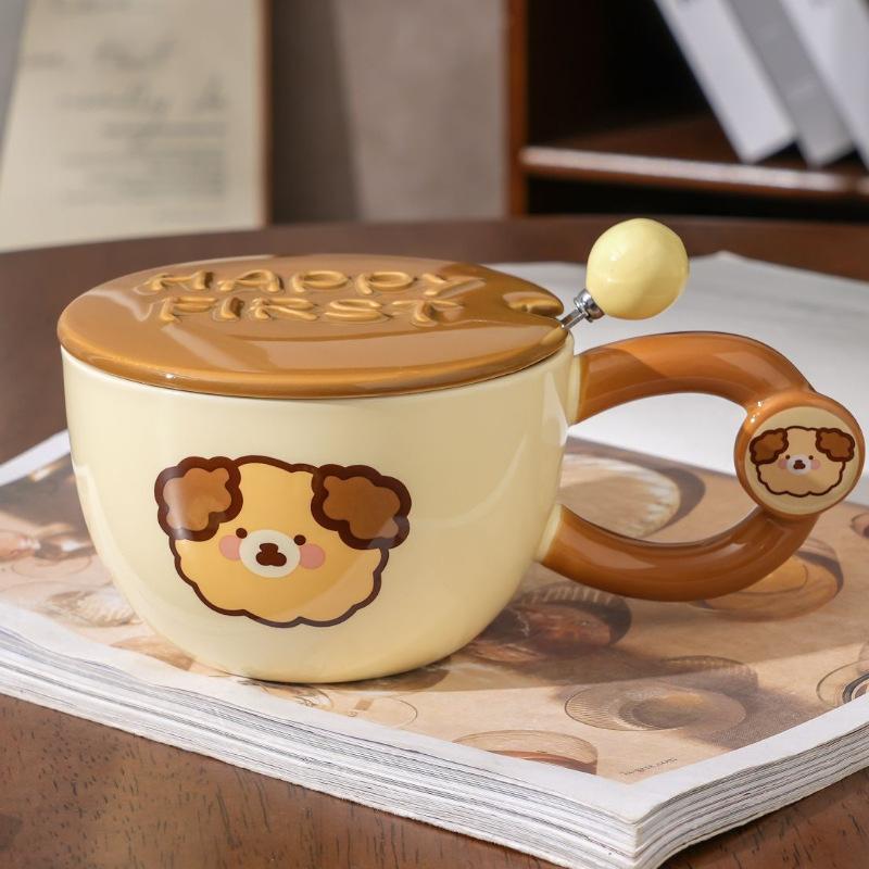 Runde Tier-Frühstückstasse mit Deckel Löffel Keramik Paar Heimtasse Super Süße Wassertasse Kreativer Becher