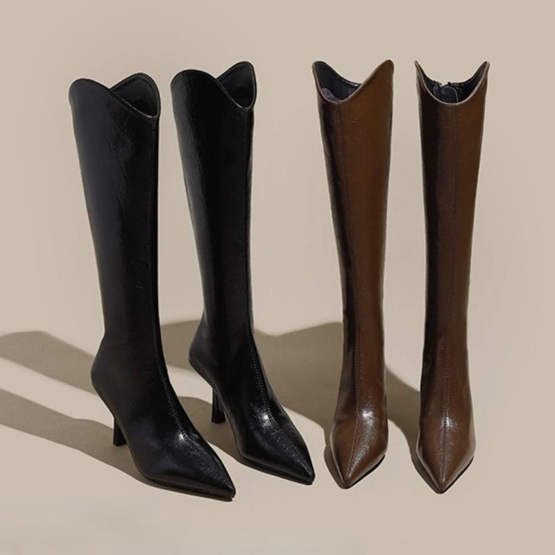 Vintage Spitzschuh Hoher Absatz Damen Kniehohe Stiefel Mode Rückenreißverschluss Schuhe Herbst Winter Damen Slim Knight Lange Stiefeletten