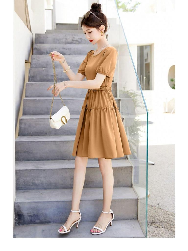 Elegant Super Fairy Puff Sleeve Petite Dress, Summer 2025, Slimming Elastic Waist