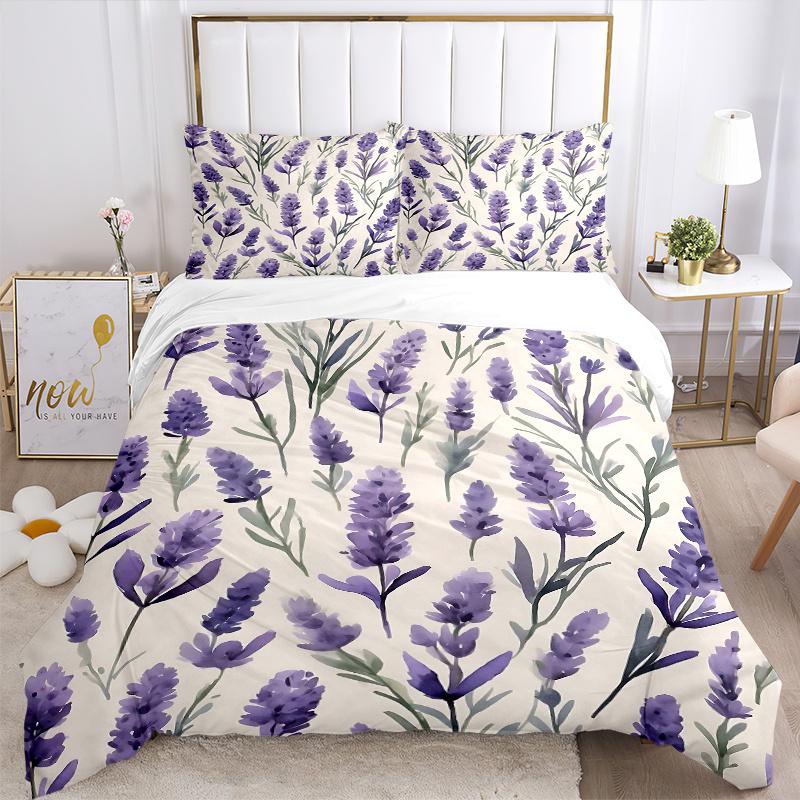 3pcs Lavender Flowers Quilt Set Cartoon Themed Bed Quilt Set Lovely Character Bedroom Decor Bed Quilt Set Four Seasons (1 Cover + 2Pillowcase NO