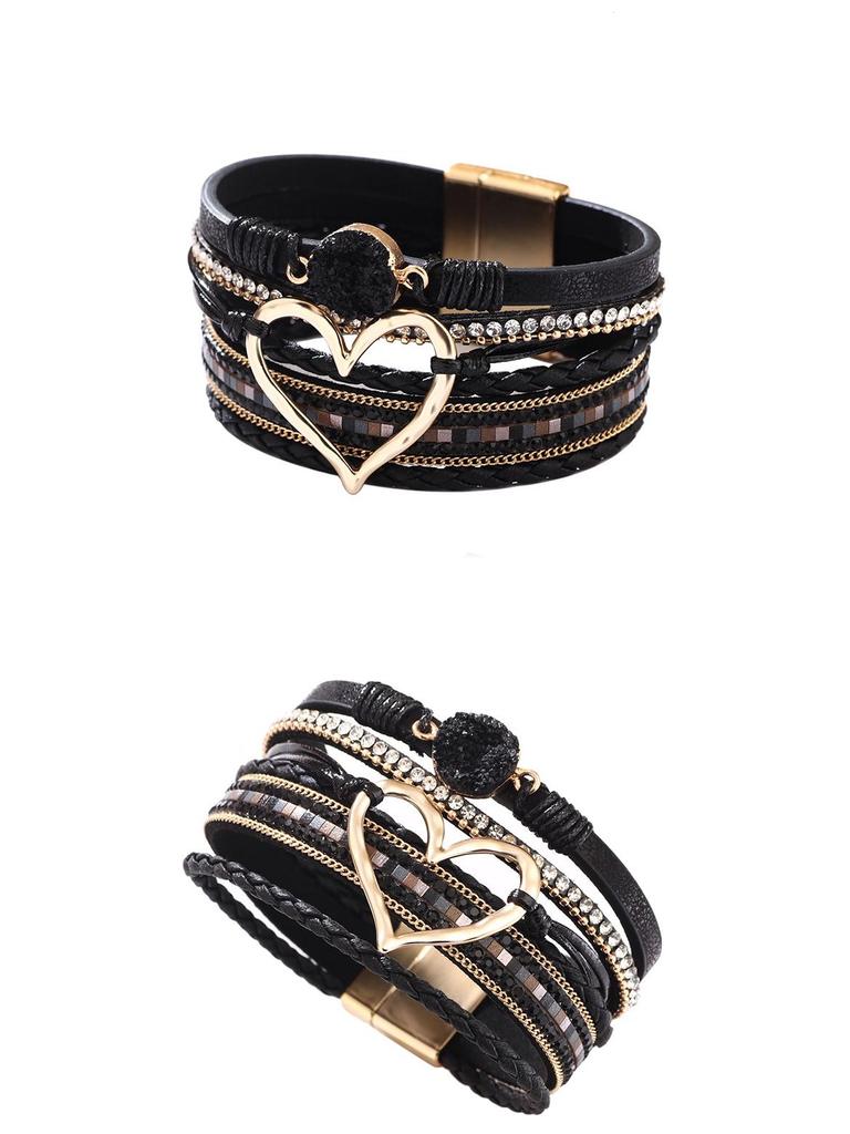 Bohemian Heart Rhinestone Magnetic Clasp Faux Leather Bracelet for Women