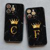 Crown Letter A To Z Phone Case For Iphone 16 13 14 15 Pro Max 11 12 8 7 Plus SE20 X XR XS Marble Pattern Black Shockproof Cover