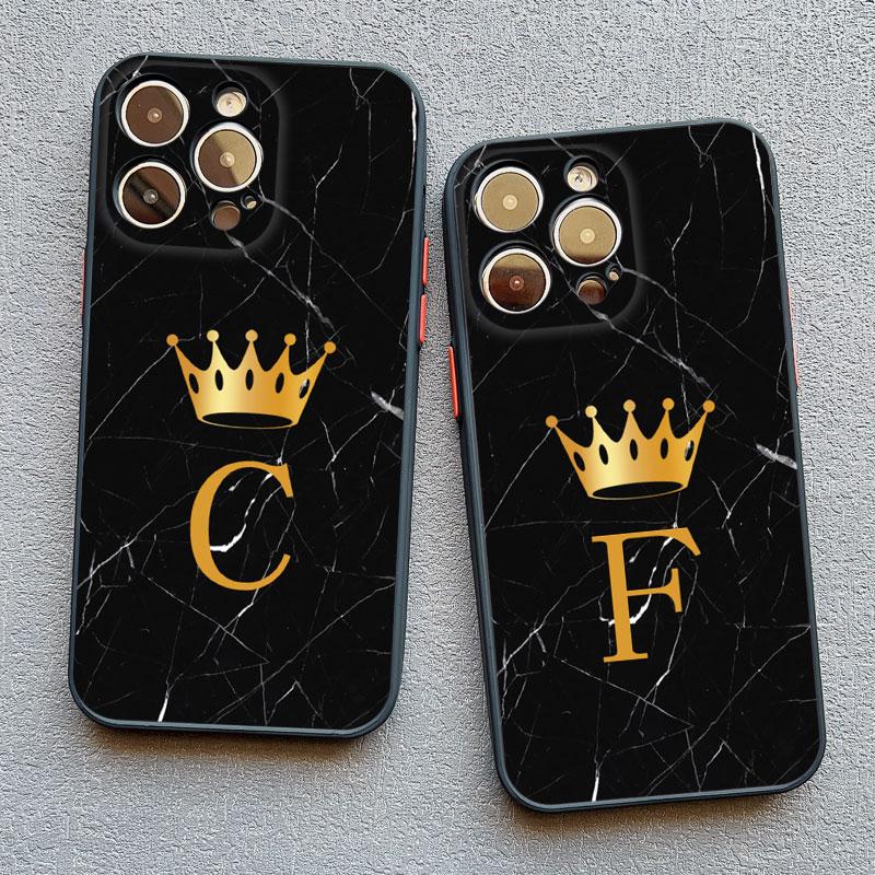 Crown Letter A To Z Phone Case For Iphone 16 13 14 15 Pro Max 11 12 8 7 Plus SE20 X XR XS Marble Pattern Black Shockproof Cover