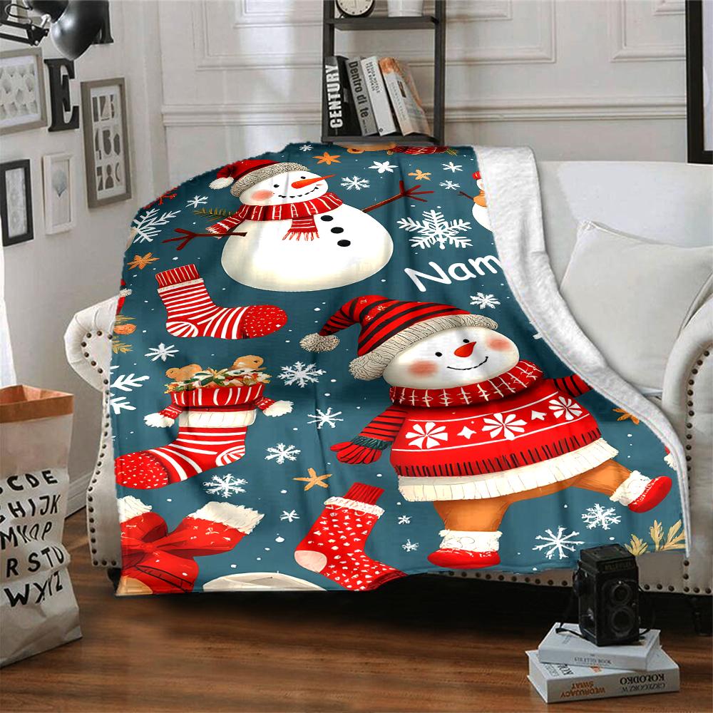 Custom Name Christmas Snowman Theme Printed Blanket - Perfect for Couch, Bed, Travel & Outdoor Use | Machine Washable, Cozy & Durable.