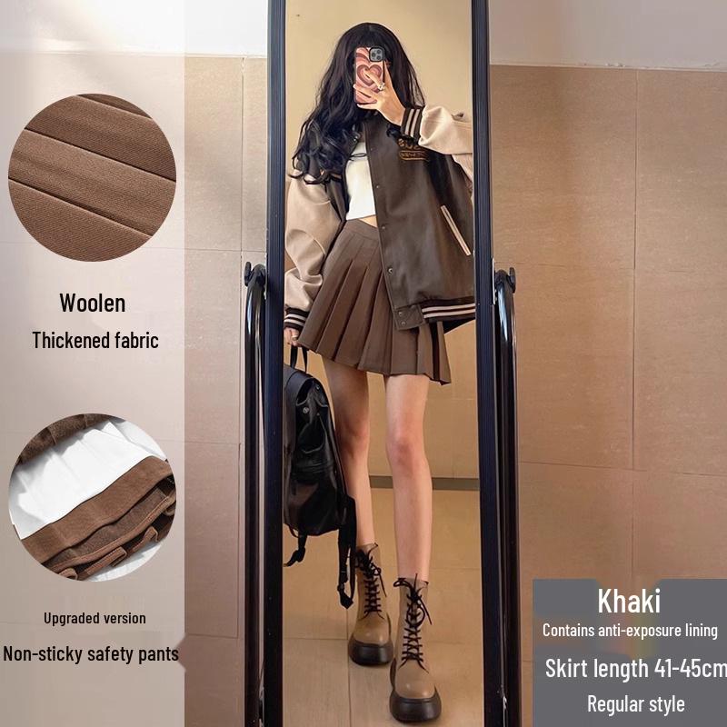 Women's High Waist Dark Gray Wool Plaid Pleated Skirt - Slimming Spring/Autumn 2026 Collection, JK Short Skirt
