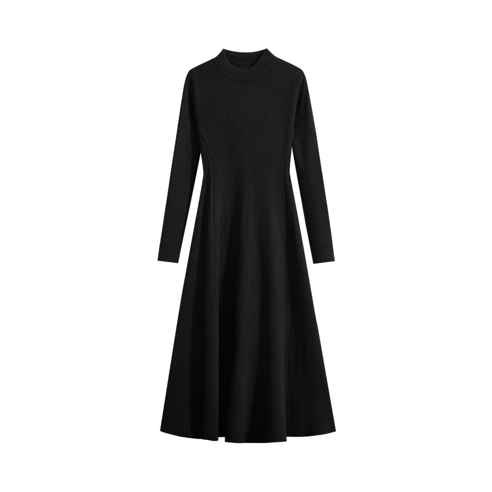 

2026 Spring Fashionable Slimming Knit Dress - Women s Over-the-Knee Round Neck Base Layer One Size чёрный