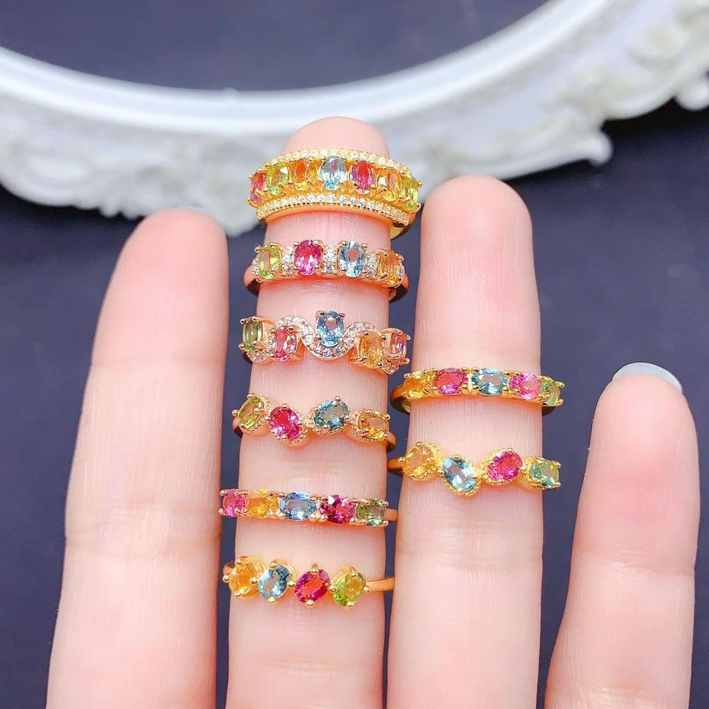 S925 Sterling Silver Adjustable Tourmaline Stackable Ring - Versatile & Fashionable Finger Ring.