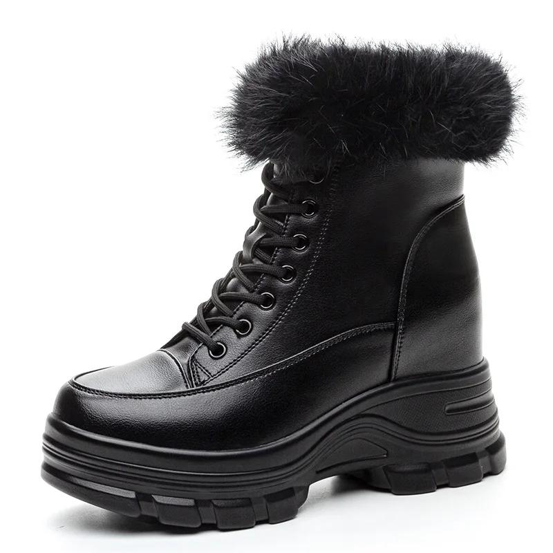 Fashion 9CM Genuine Leather Fashion Women Ankle Booties Platform Wedge Flats Winter Plush Autumn Warm Boots Spring Shoes Chimney