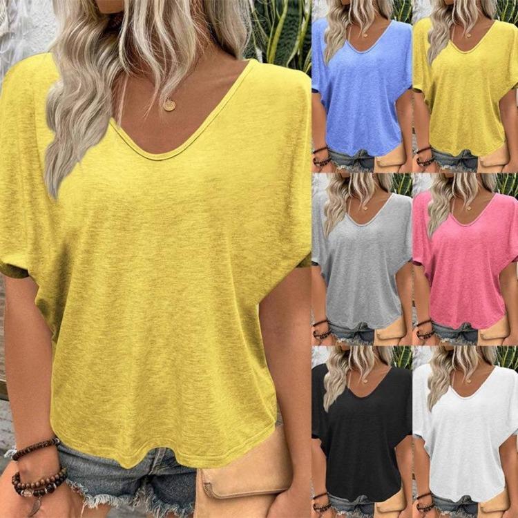 Camiseta Casual Feminina Plus Size de Cor Sólida com Decote V e Manga Curta