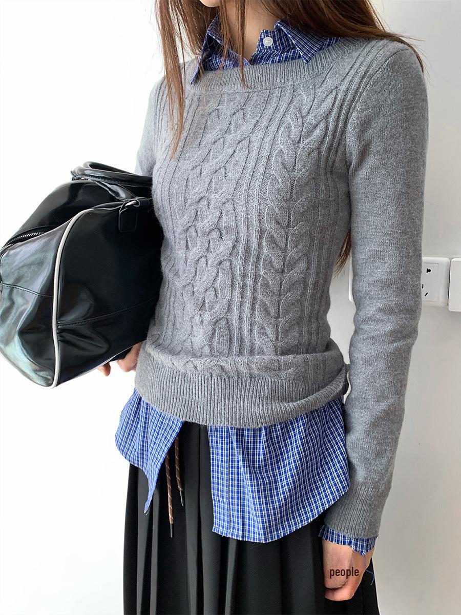 

Женский свитер с длинными рукавами Dorothy с узором «косички» — ленивый корейский стиль, мягкий темперамент, универсальная внутренняя одежда. Medium серый