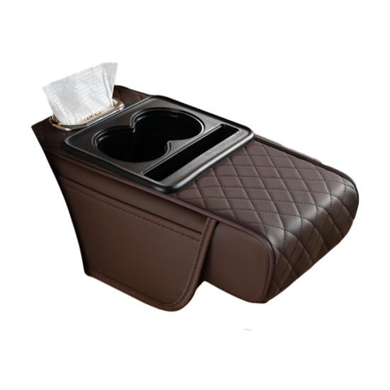 

Multifunctional Car Armrest Box Faux Leather Armrest Organizer Mat Center Console Cover with Side Pockets Cup Holder Phone Slot Tissue Box Slot for E