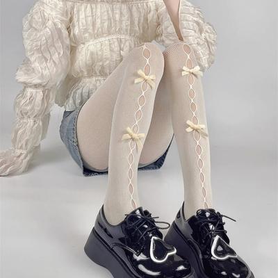 Sweet Cute Lace Women Tights Bowknot Hollow Out Mesh Fishnet Thigh High Soft Stockings Women Jk Lolita Girls Tights Pantyhose