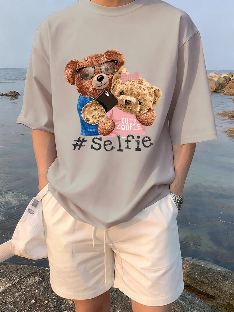 Cute Couple Bears Selfie Printing TShirts Womens Summer Cotton Short Sleeve Tees Loose ONeck Comfortable Tops Casual Clothes