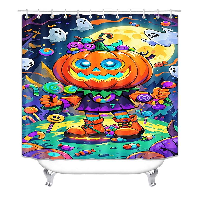 4Pcs Halloween Ghost Pumpkin Shower Curtain Set with Non-Slip Bath Mat, Toilet Lid Cover, Contour Rug & 12 Hooks, Bathroom Decor