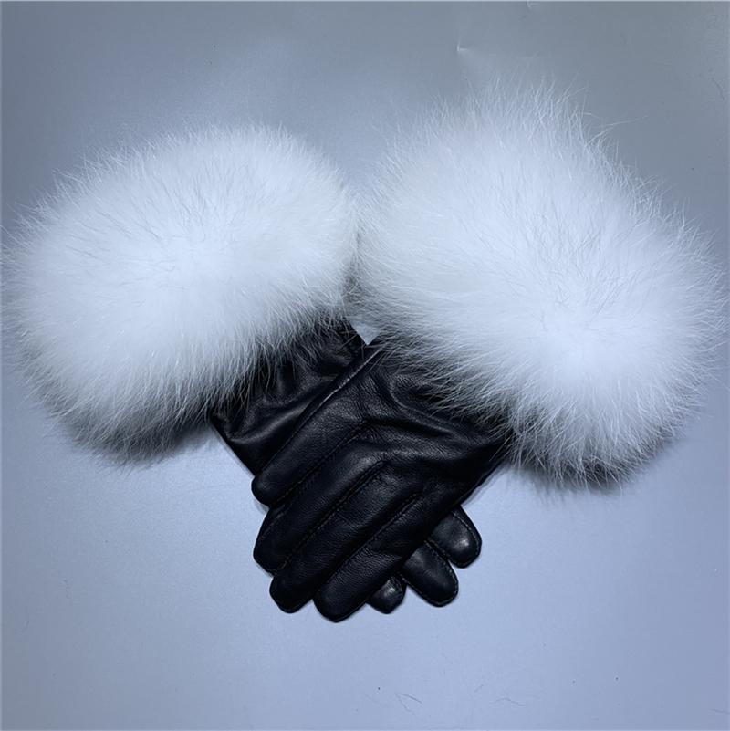 Jxwatcher Winter Women Warm Genuine Sheepskin Gloves Luxury Fur Trim Full Finger Fashion Leather Gloves