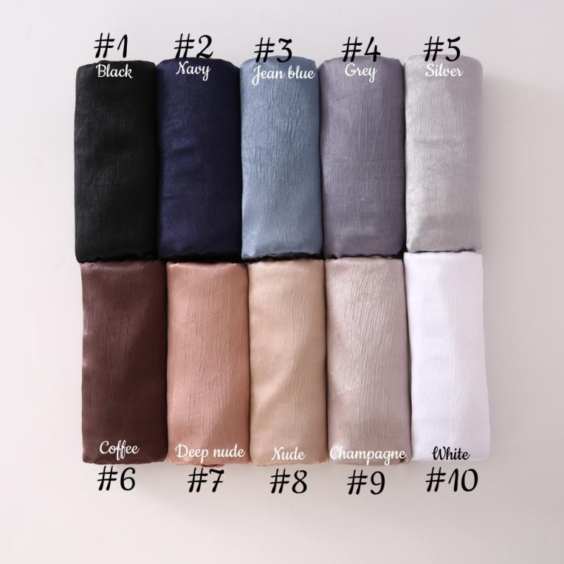 Women Plain Silk Satin Hijab Scarf Different Sides Bark Wrinkles Solid Color Long Shawl Muslim Women Smooth Silk Like Underscarf