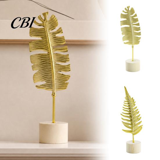 Stable Base Feather Decor Gold Leaf/Feather Ornaments with Weighted Round Base, Metal 3D Three-Dimensional Leaf Pattern Desktop for Home Office