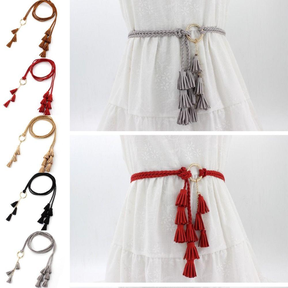 Solid Color Thin Waist Rope Belt Tassel Detail Knit Belt Fashion Dress Waistband  Waist Accessory