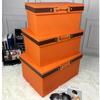 Luxury  Pu Leather Orange Storage Bins Colorful Storage Box  Organizer Containers Baskets with Cover Handles