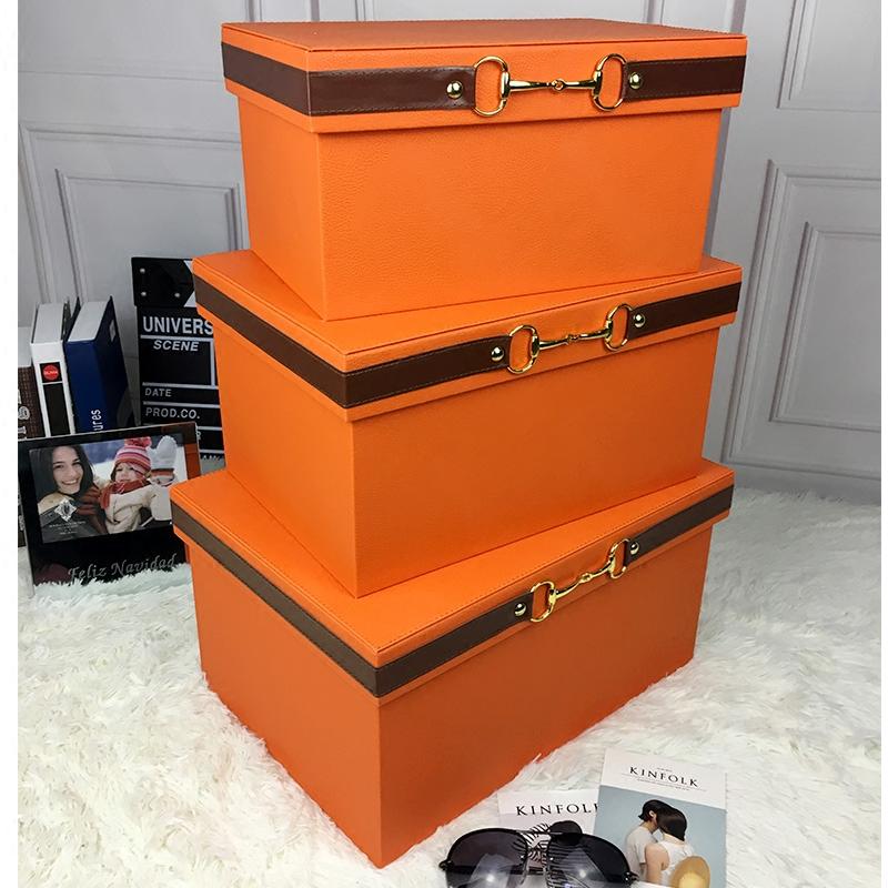 Luxury  Pu Leather Orange Storage Bins Colorful Storage Box  Organizer Containers Baskets with Cover Handles