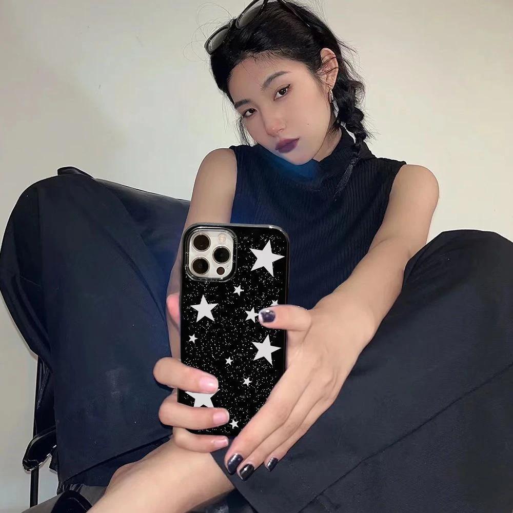 Cool Stars Gloss Black Stylish Ins Phone Case For iPhone 16 15 14 13 12 11 Pro Max XR XS Max 7 8 Plus Y2K Shockproof Soft Cover