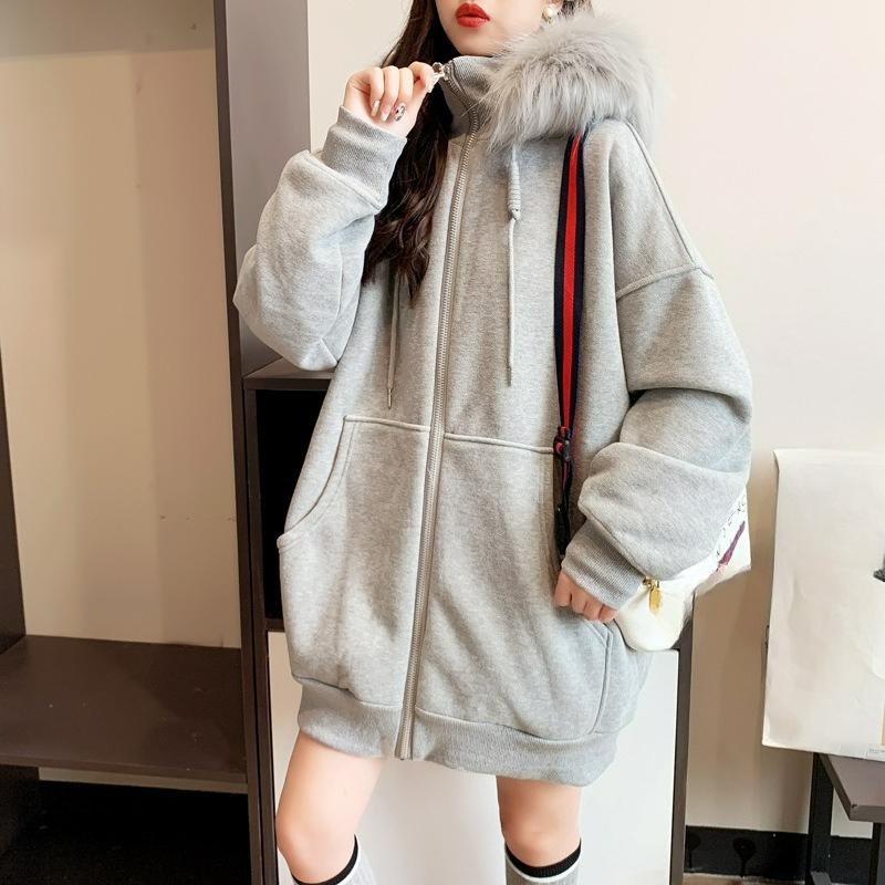 Plus Size Plus Velvet Thick Hooded Cardigan Sweater Loose Design Fur Collar Zipper Jacket Women