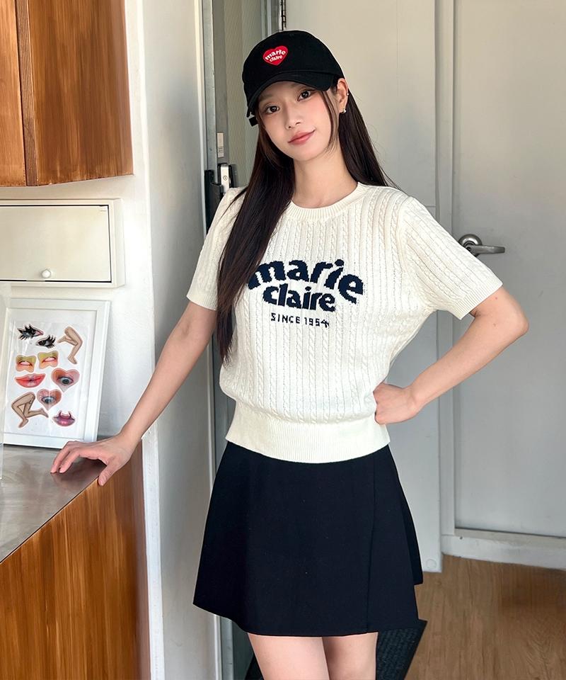 Marie Claire Jacquard Cable Cotton Short Sleeve Knit (Mafbkn07Miv)