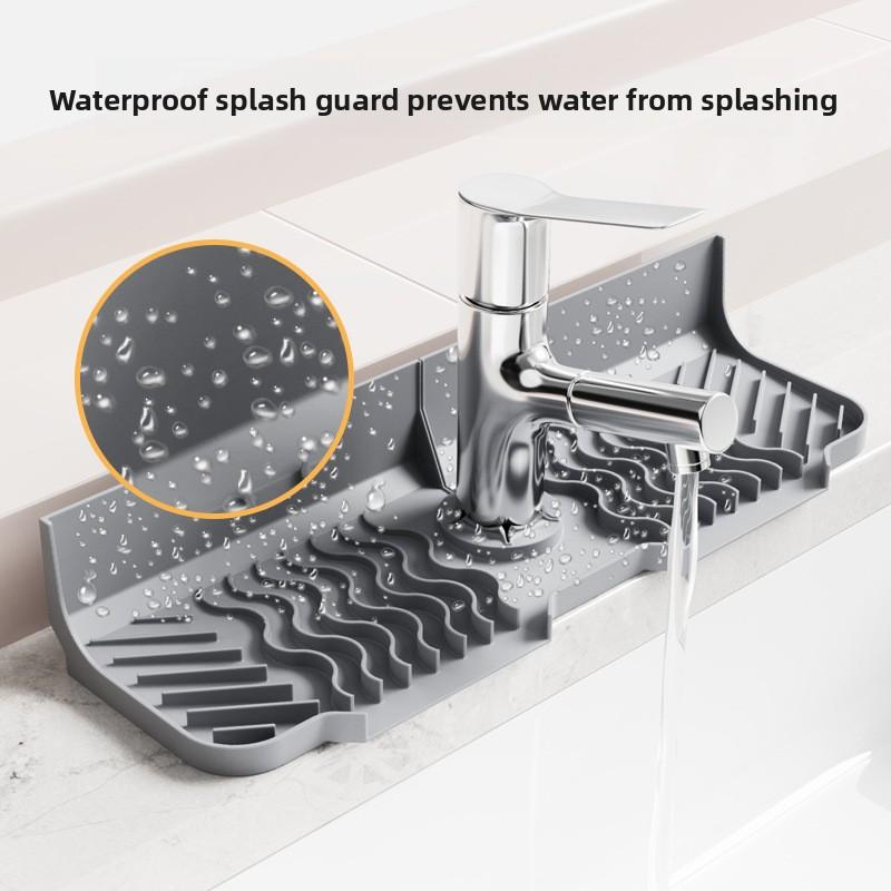 Silicone Faucet Drip Tray - Sink Splash Guard with Soap Holder Drying Rack for Bathroom Vanity and Countertop Storage