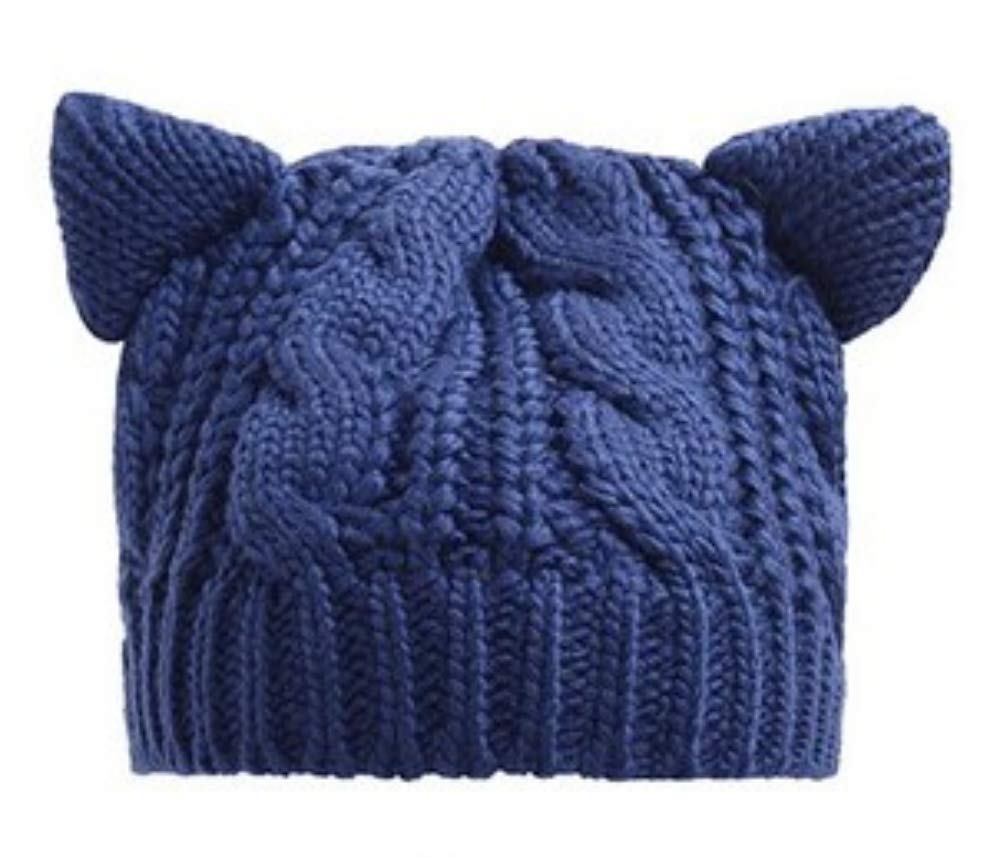 [lunar.maria] Warm Knit Hat with Ears, Beret, Knit Cap for Women, Knitted Beanie (Navy)