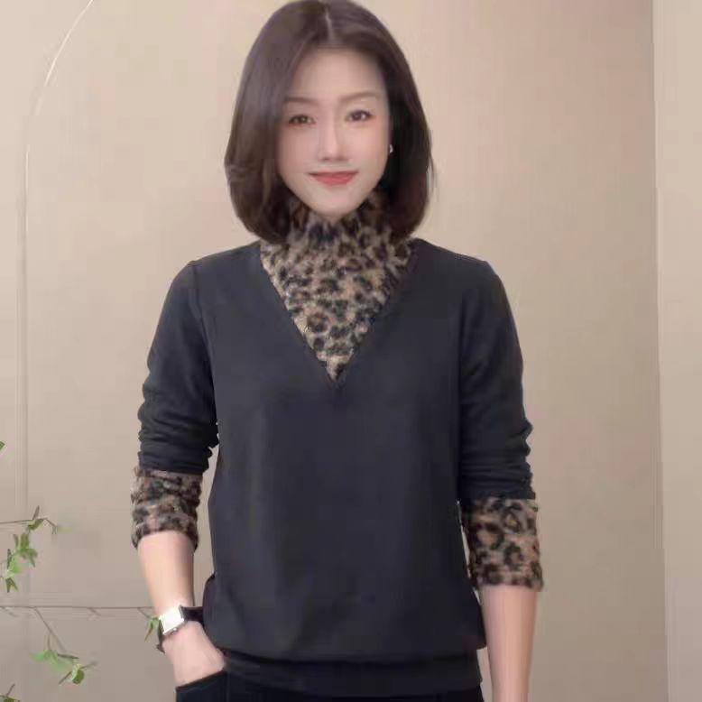 Leopard Print High Neck Slimming Mother's Top - Long Sleeve Patchwork Warm Base Layer