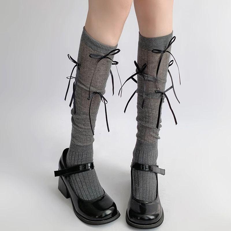 Pure and Elegant White Women's Bow-tied Calf Socks, Ballet Style, Piled-up Socks, Women's Spring and Summer Light School Style