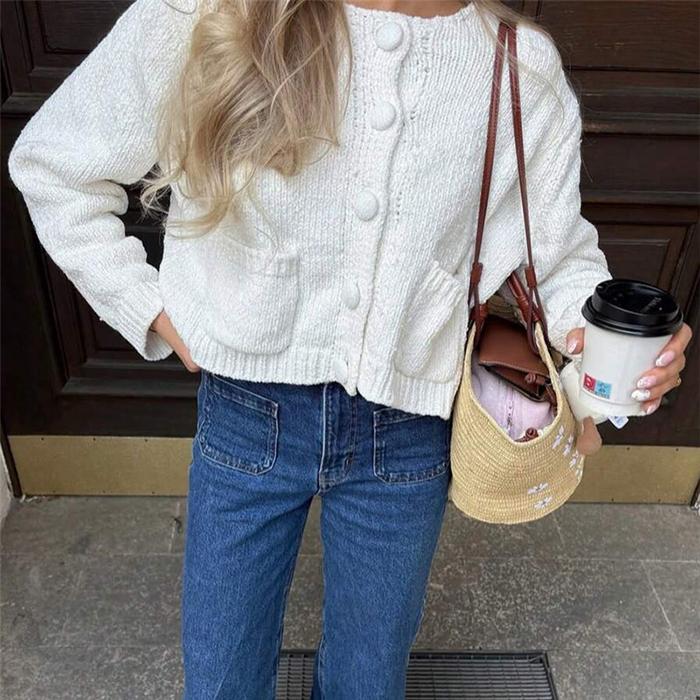 Solid Color Long Sleeves Cardigan Women‘s - Knit Sweater Open Front with Pocket