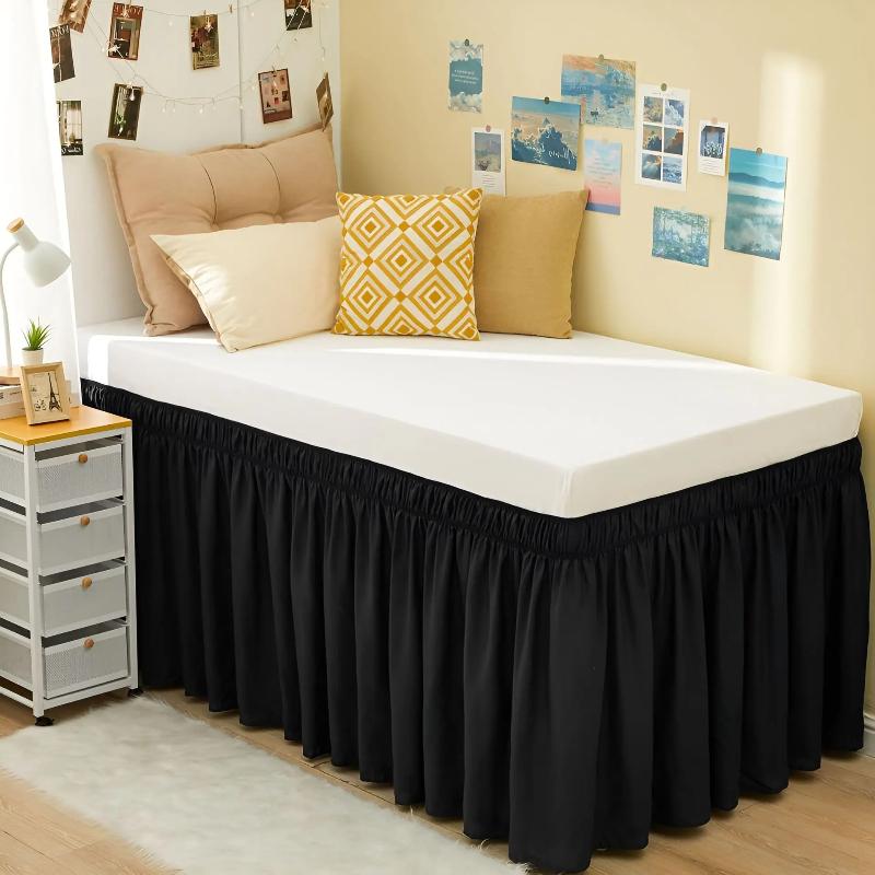 Extra Long College Hostel Dorm Room Bed Skirt Wrap Around Pretty Ruffles Bed Skirt Valance with Three Sides Fabric for Twin Bed