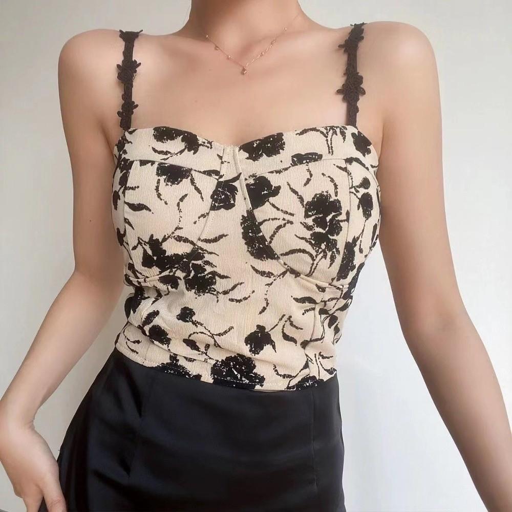 Padded Bra Elastic Camis Underwear Floral Print Corset Vest Women Tank Tops Sleeveless Blouse