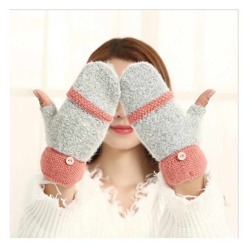 Autumn and winter wool flip gloves men's and women's new knitted double-layer thickened warm-keeping half-finger cycling gloves