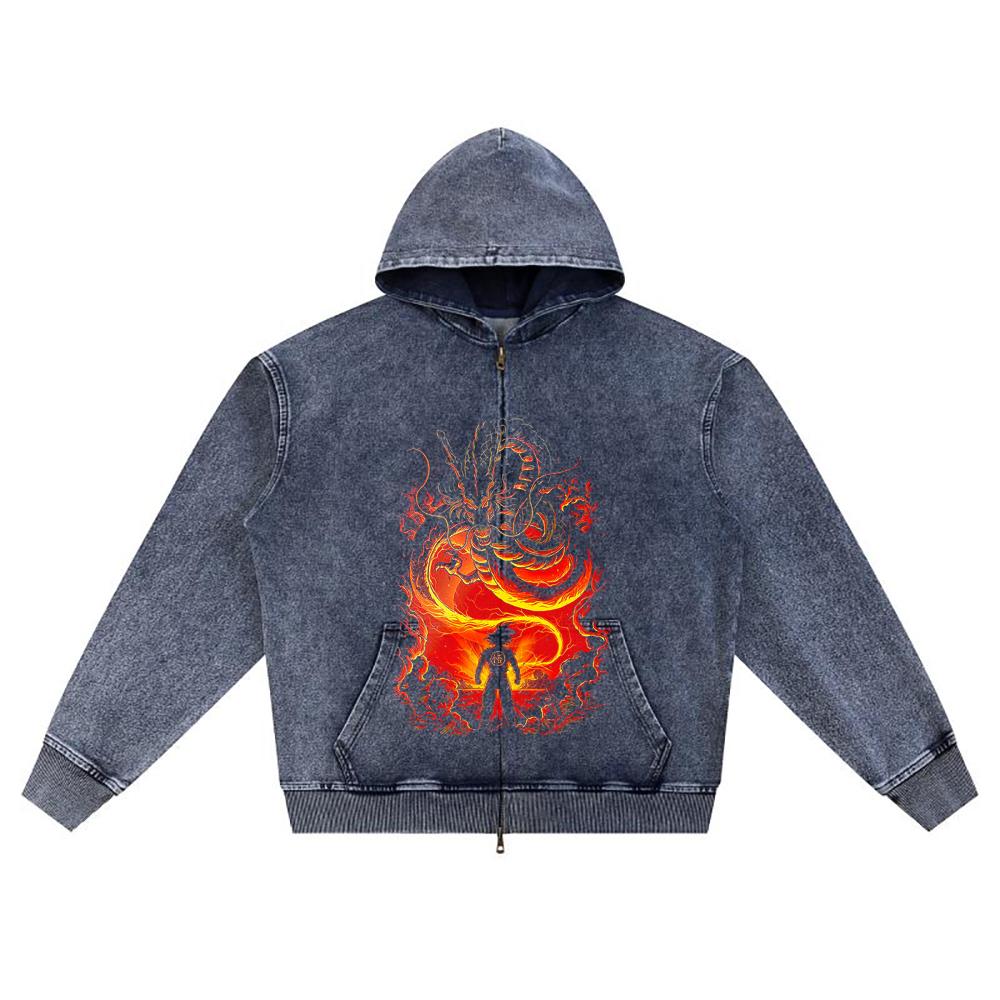 DTG Print Knitted Denim Zip-Up Hoodie Copy of Goku Sheng Long Brother Print Zipper Hoodies