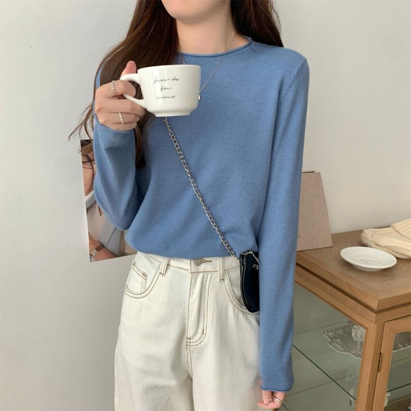 

Goose yellow white simple round neck long-sleeved knitted sweater women s spring soft waxy inner with crimped top bottoming shirt XL