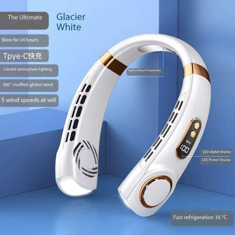 Non-Toxic Portable Mini Bladeless Mute Hanging Neck Fan Led Digital Display Ice Ceramic Body Sensation Cooling Colorful Atmosphere Lights