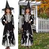 Glow in The Dark Skeleton Ghostly Witch Costume Witch Hat,Ghosty Skeleton Dress Cosplay Halloween Costume Kids Girls