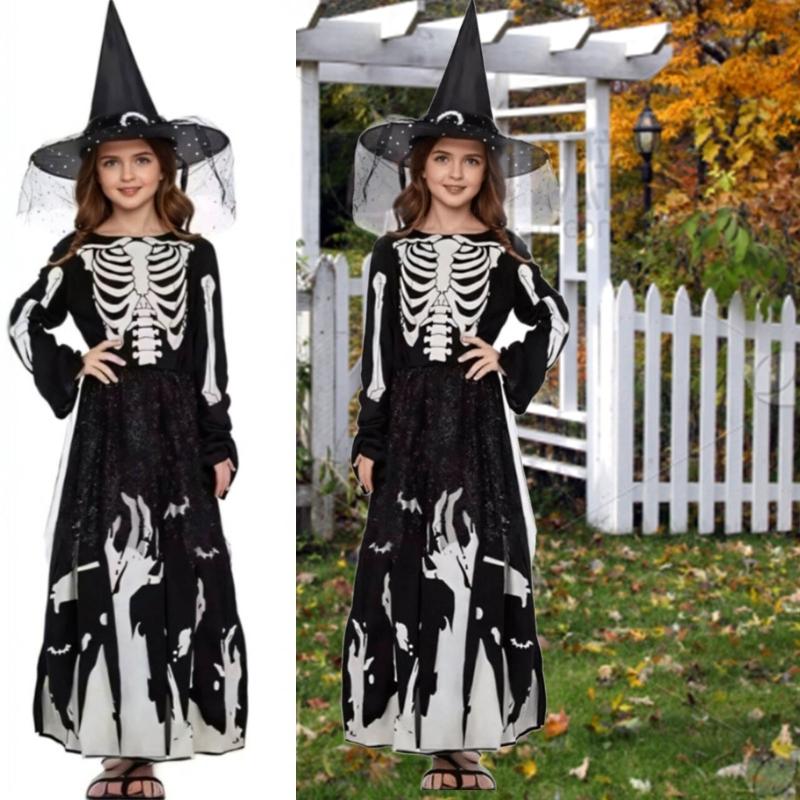 Glow in The Dark Skeleton Ghostly Witch Costume Witch Hat,Ghosty Skeleton Dress Cosplay Halloween Costume Kids Girls
